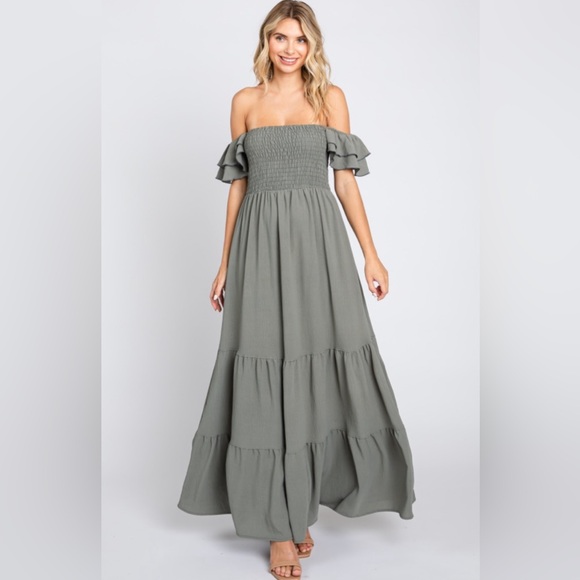 Boho Flutter Sleeve Olive Maxi Dress - Picture 4 of 5